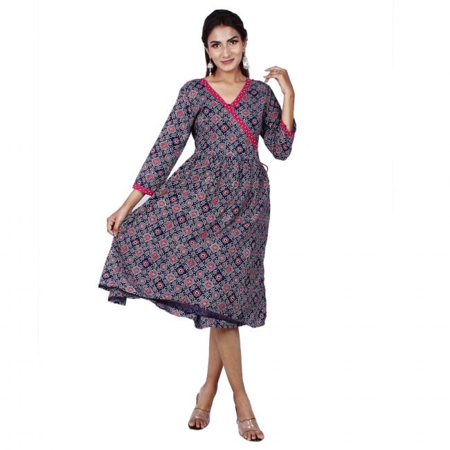 Ajrakh Print Cotton Bottom Round Angrakha Pattern Kurta