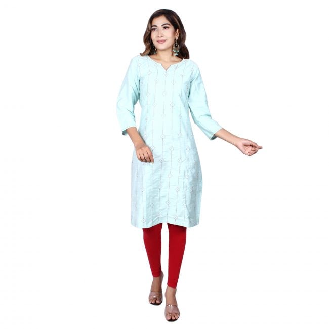 Straight Line Silk Kurta With Kantha Work - Blue - S