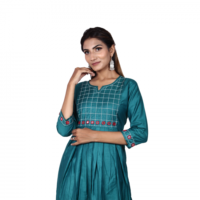 Chanderi Silk Round Kurti with Kantha - Mirror Work - M