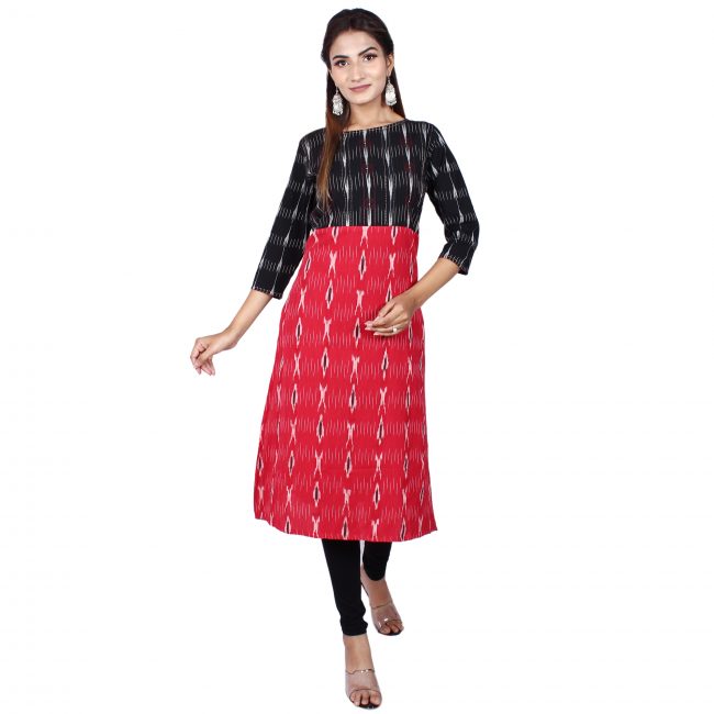 Black Red Ikat Print Cotton Kurti - M