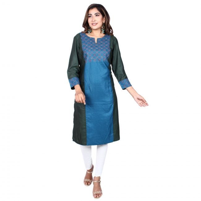 Blue-Black Silk Kurti With Kantha Work