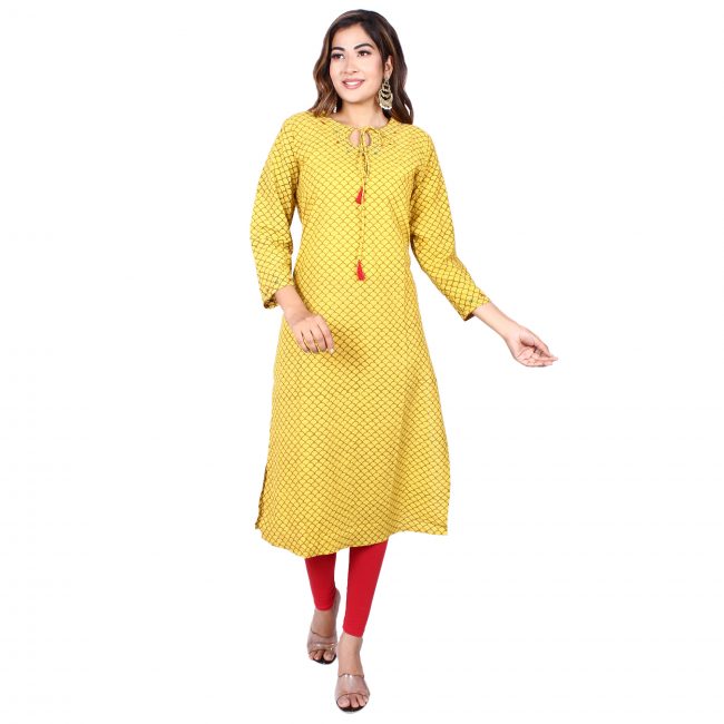 Block print cotton kurta with kantha work - L