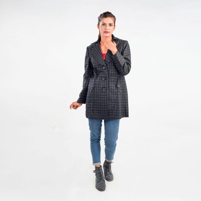 Handloom Pure Wool Checks Long Coat - 36