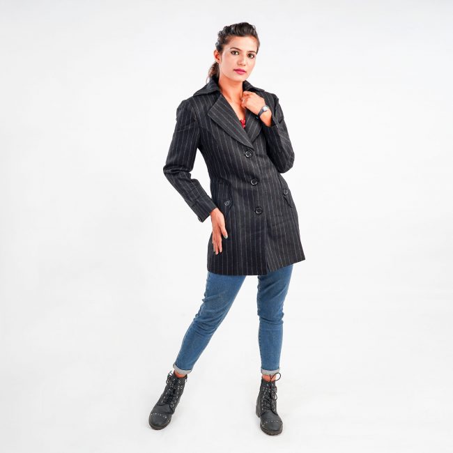 Handloom Pure Wool Strip Long Coat - 38