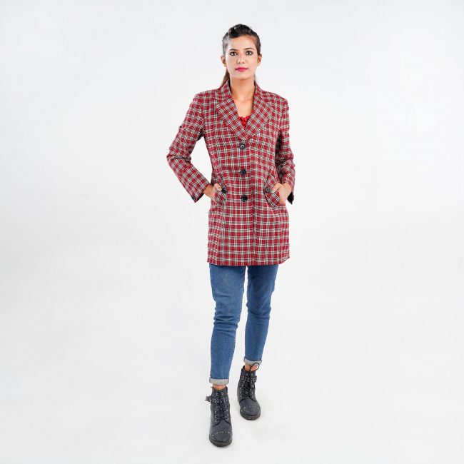 Handloom Pure Wool Checks Long Coat - 36