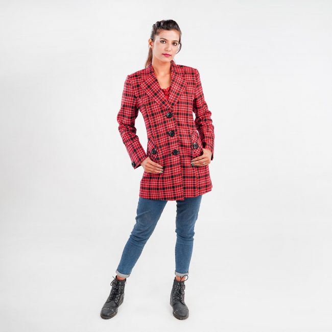 Handloom Pure Wool Checks Long Coat - 38
