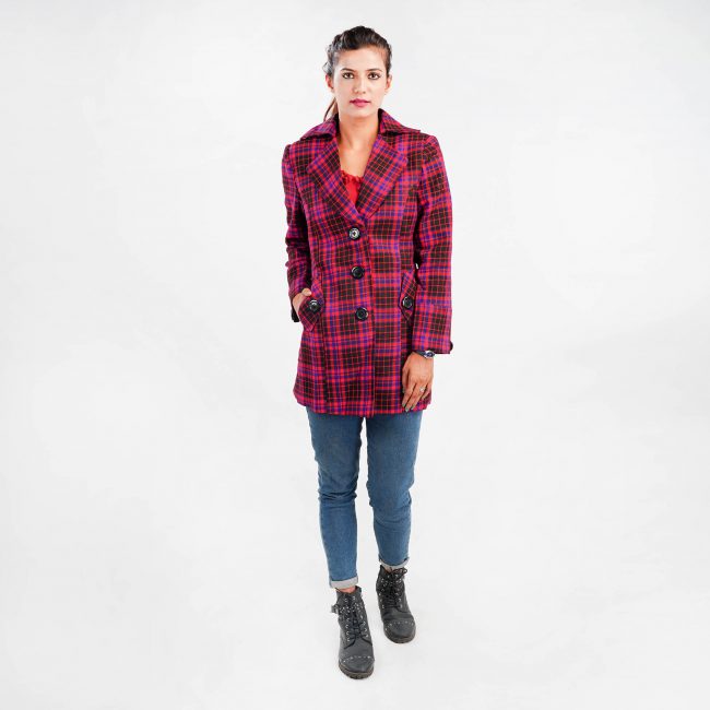 Handloom Pure Wool Checks Long Coat - 38