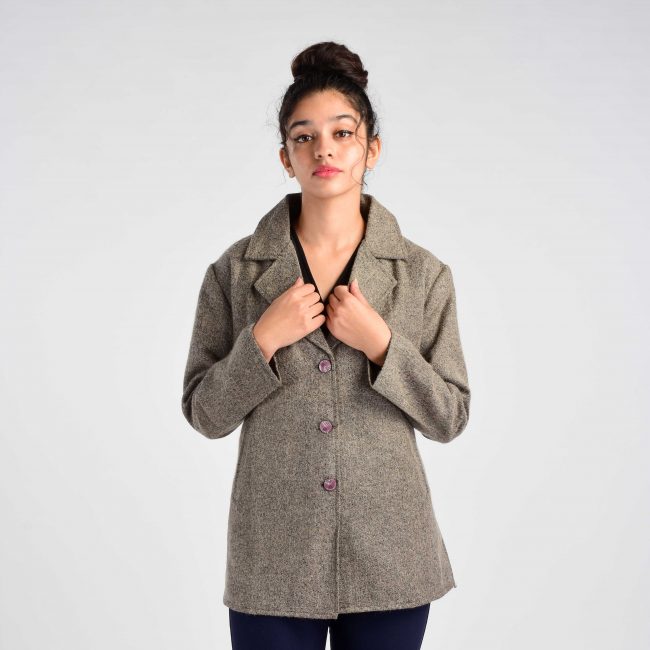 Handloom Woolen Herringbone Long Coat - 40