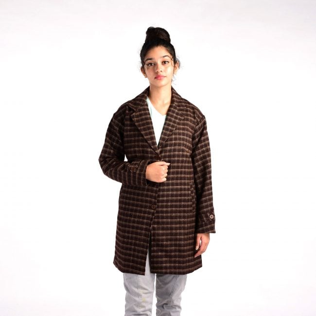 Handloom Woolen Checks Long Coat - 38