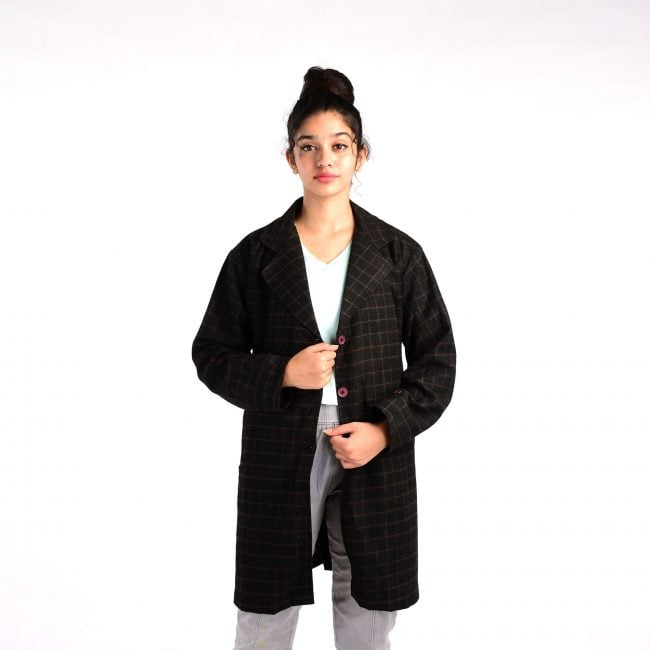 Handloom Woolen Checks Long Coat - 40