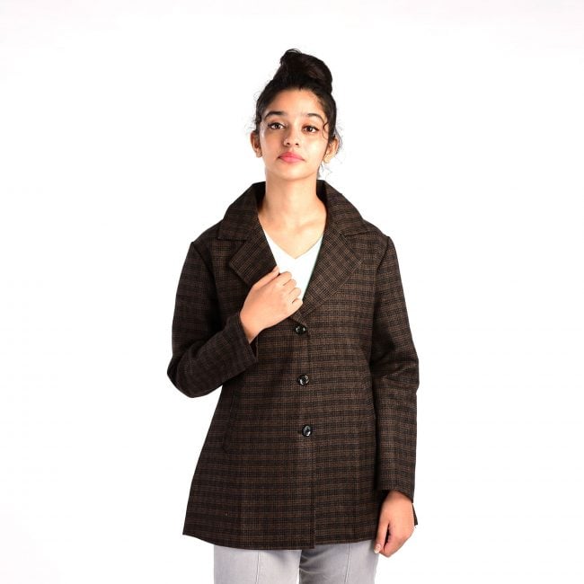 Handloom Woolen Checks Short Coat - 36