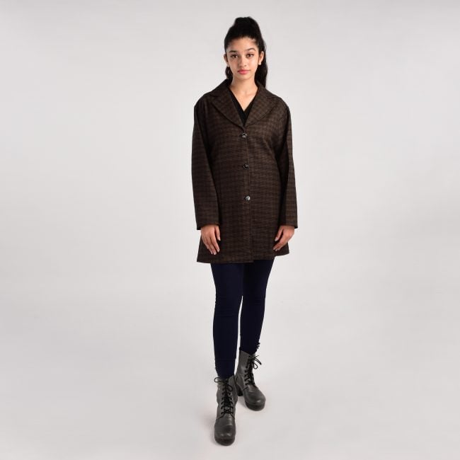 Handloom Woolen Checks Long Coat Brown - 42