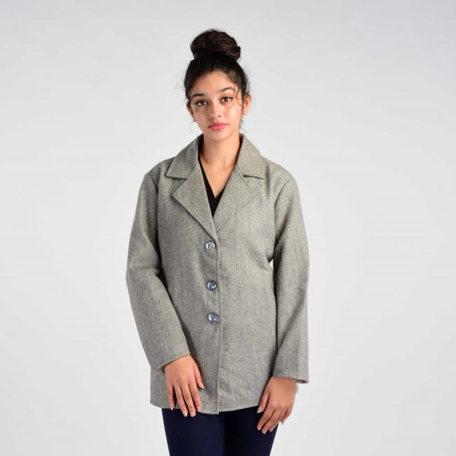 Handloom Woolen Herringbone Short Coat Gray - 44