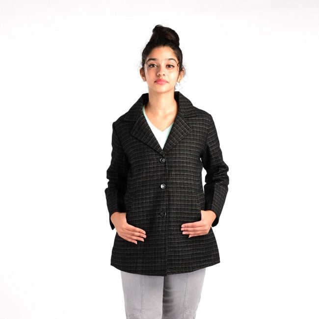 Handloom Woolen Checks Short Coat Black Golden - 44