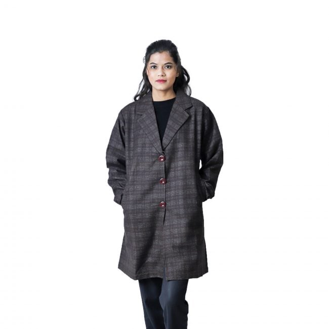 Handloom Woolen Checks Long Coat - 48