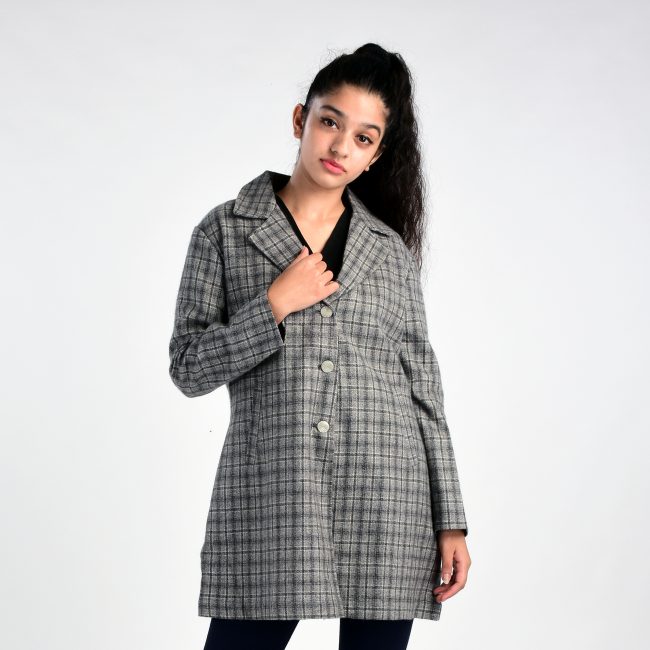 Handloom Woolen Checks Long Coat Grey - 40