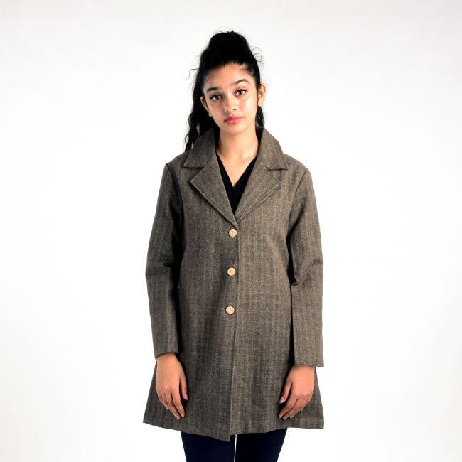 Handloom Woolen Checks Long Coat - 40