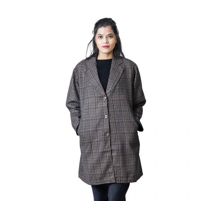 Handloom Woolen Checks Long Coat - 48