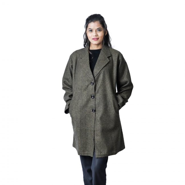 Handloom Woolen Herringbone Long Coat - 48