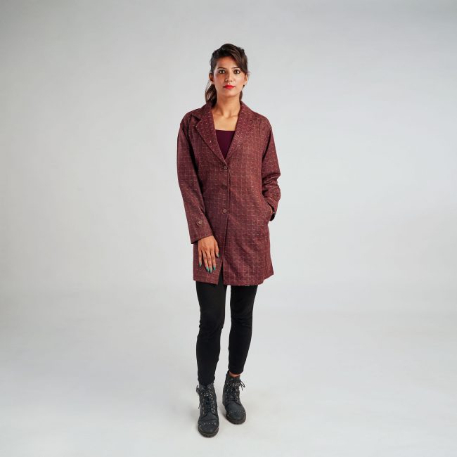 Handloom Pure Wool Checks Long Coat Black White - 38 Inch