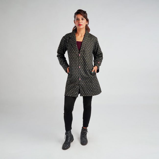 Handloom Pure Wool Long Coat - 38