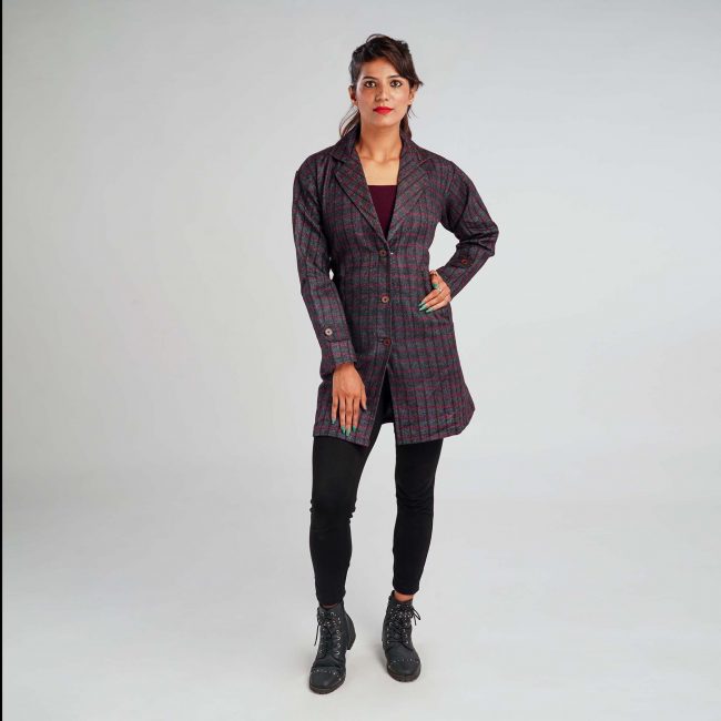 Handloom Pure Wool Checks Long Coat - 38