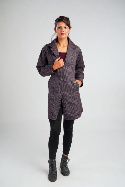 Handloom Pure Wool Checks Long Coat - 36