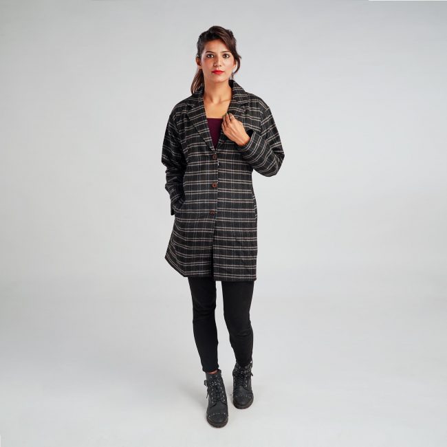 Handloom Pure Wool Checks Long Coat - 38