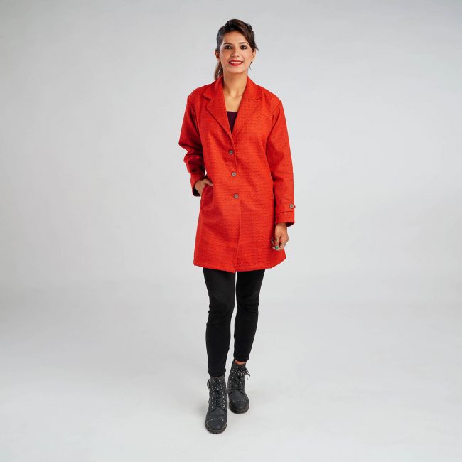 Handloom Pure Wool Plain Long Coat Red - 38 Inch