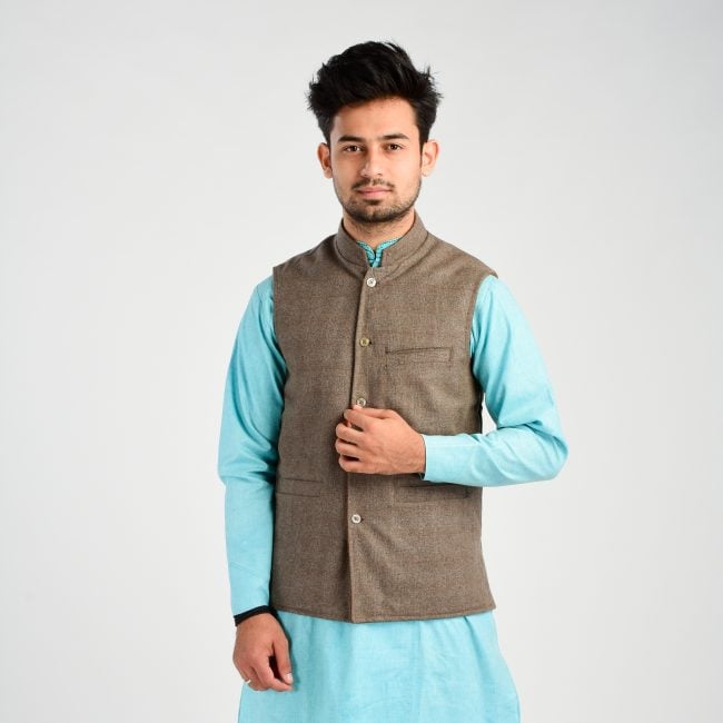 Handloom Woolen Checks Waist Coat - 36