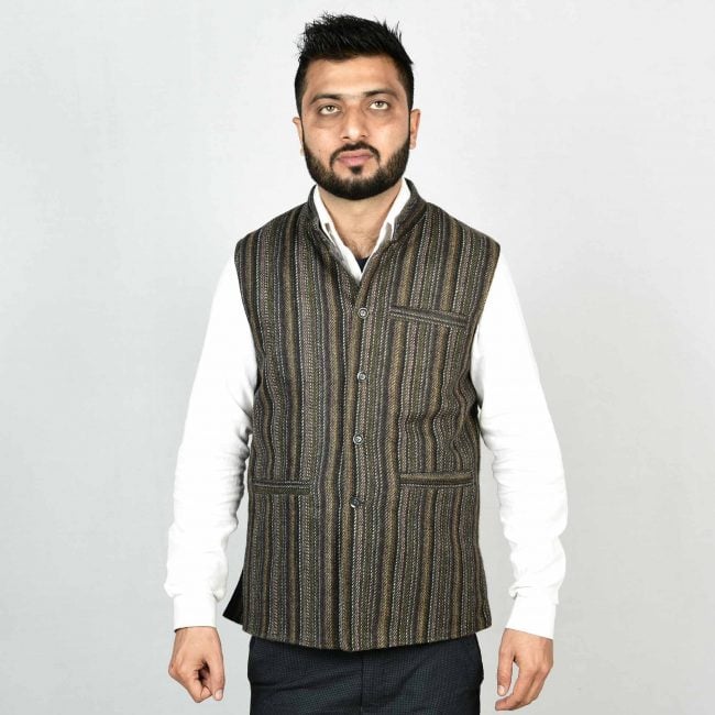 Handloom Woolen Stripe Waist Coat - 36