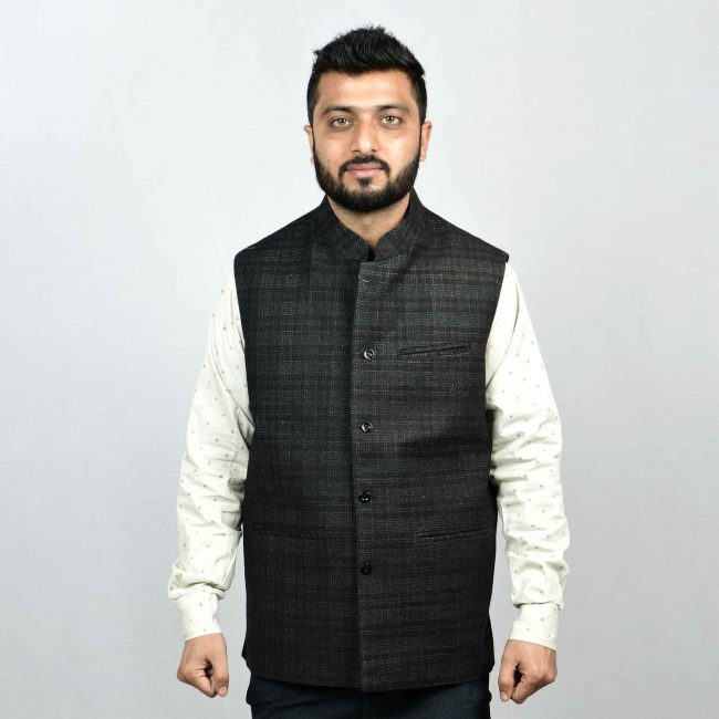 Handloom Woolen Checks Waist Coat - 42
