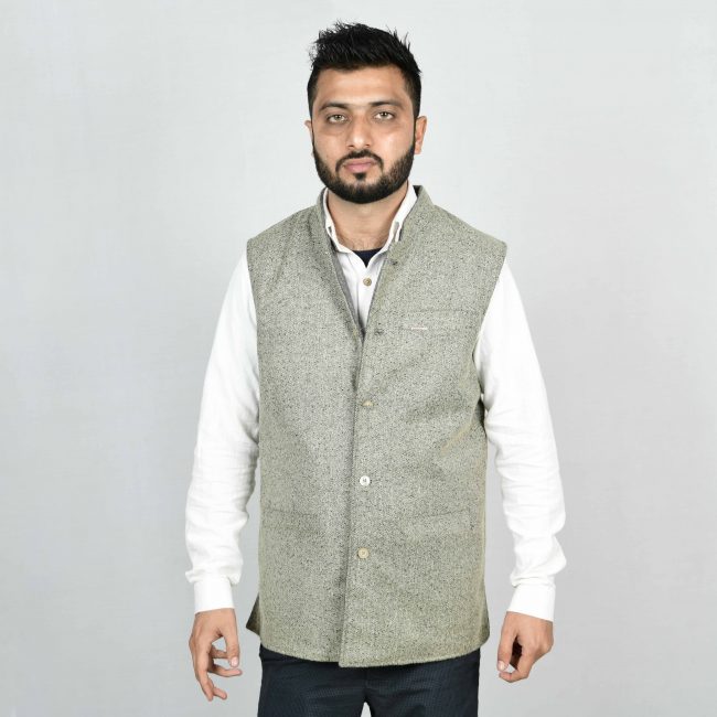Handloom Woolen Herringbone Waist Coat - 36