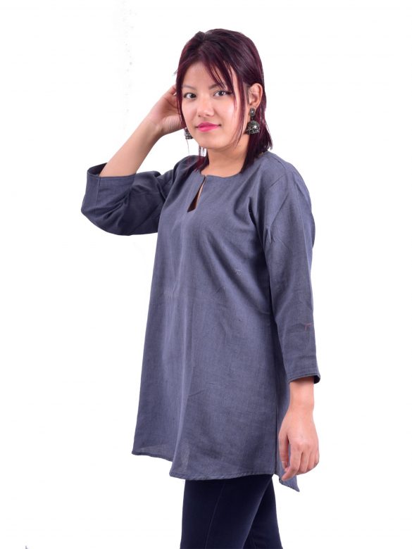 Handmade Pure Cotton Grey Short Kurti 3/4th Sleeves for Women