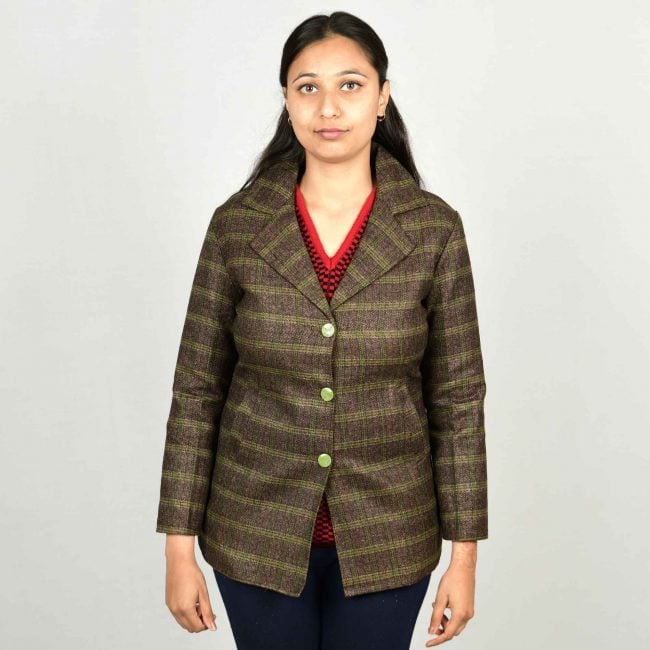 Handloom Woolen Checks Short Coat   Brown Golden Black - 36
