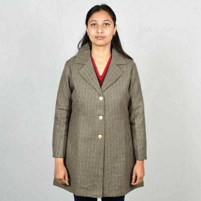 Handloom Woolen Checks Long Coat Black Golden - 40