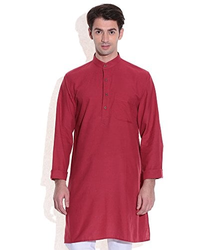 Men Long Kurta Handwoven Cotton Fabric - 40, Red