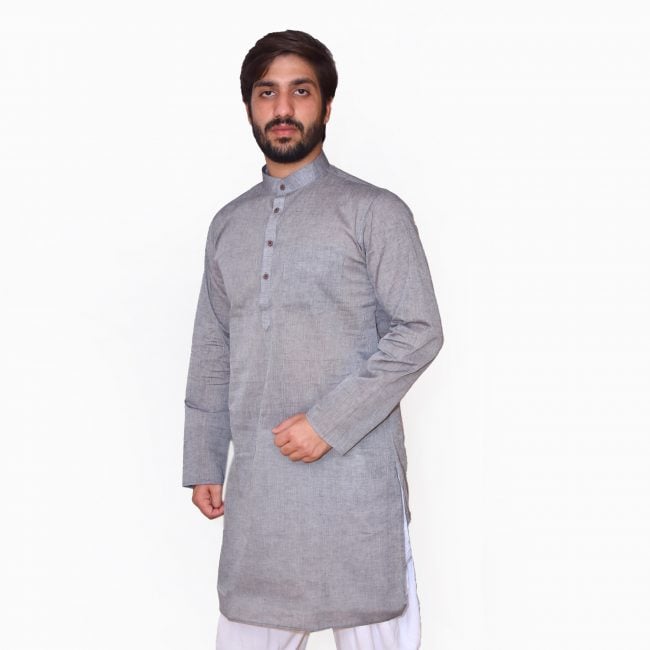 Cotton Grey Plain Long Sleeve Kurta - 42
