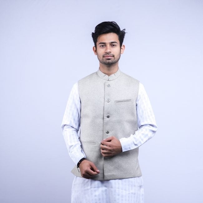 Woolen Herringbone Cream Waist Coat - 40