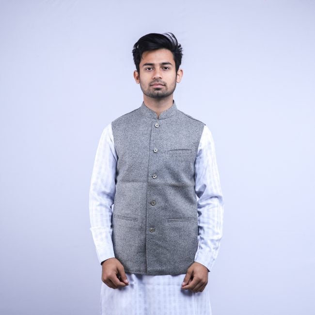 Woolen Herringbone Grey Waist Coat - 44