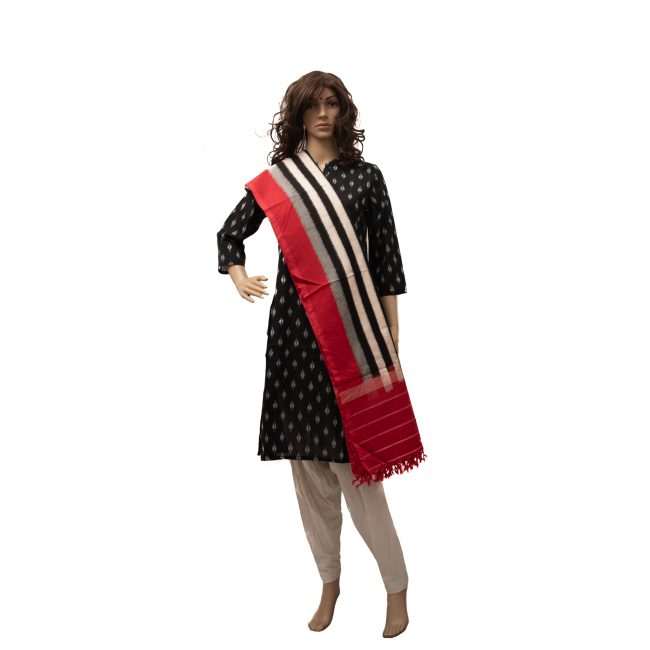 Pochampally Ikat Dupata Black & Red Free Size