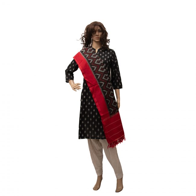 Pochampally Ikat Dupata Red & Black Free Size