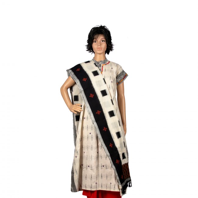 Tribes India Ikkat Cotton Dupatta White & Black