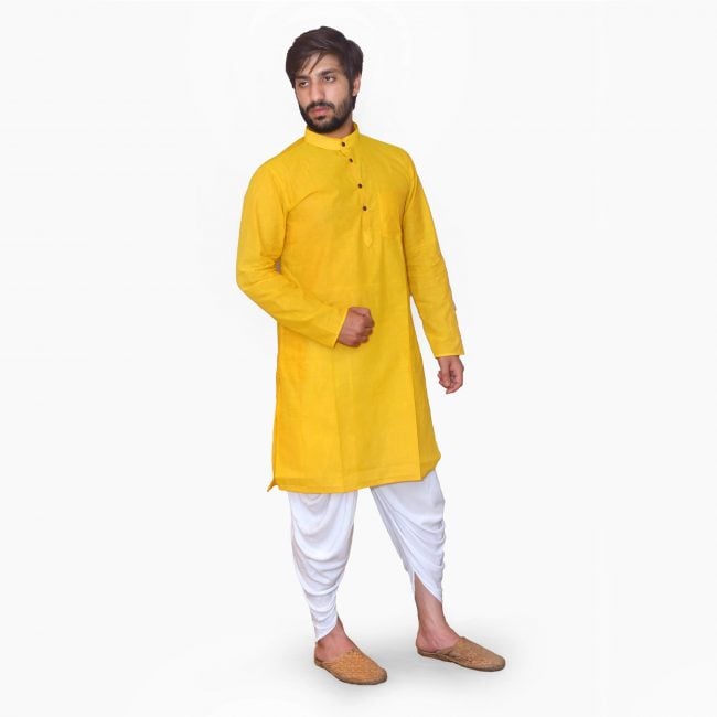 Cotton Yellow Plain Long Sleeve Kurta