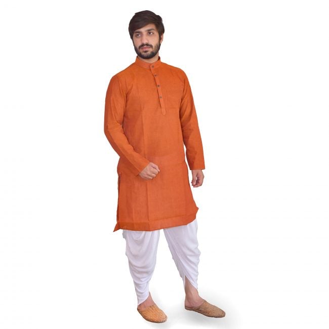 Cotton Orange Plain Long Sleeve Kurta