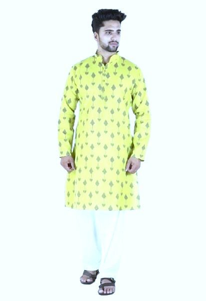 Yellowish Green & Grey Ikkat Print Kurta Pyjama - 38