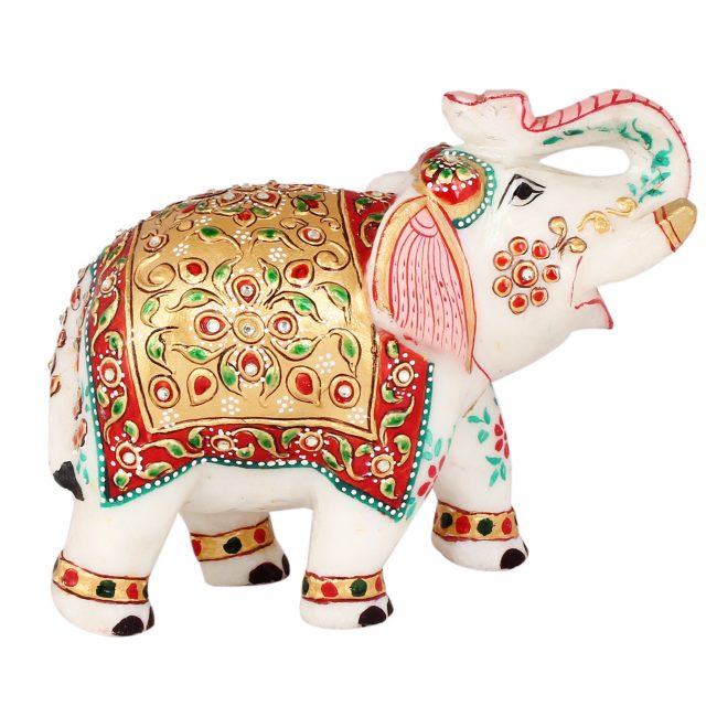 Handmade Kundan Meenakari Marble Elephant Statue