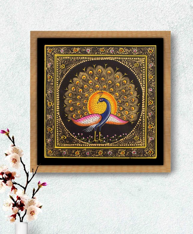 Handmade Black Golden Peacock Miniature Painting