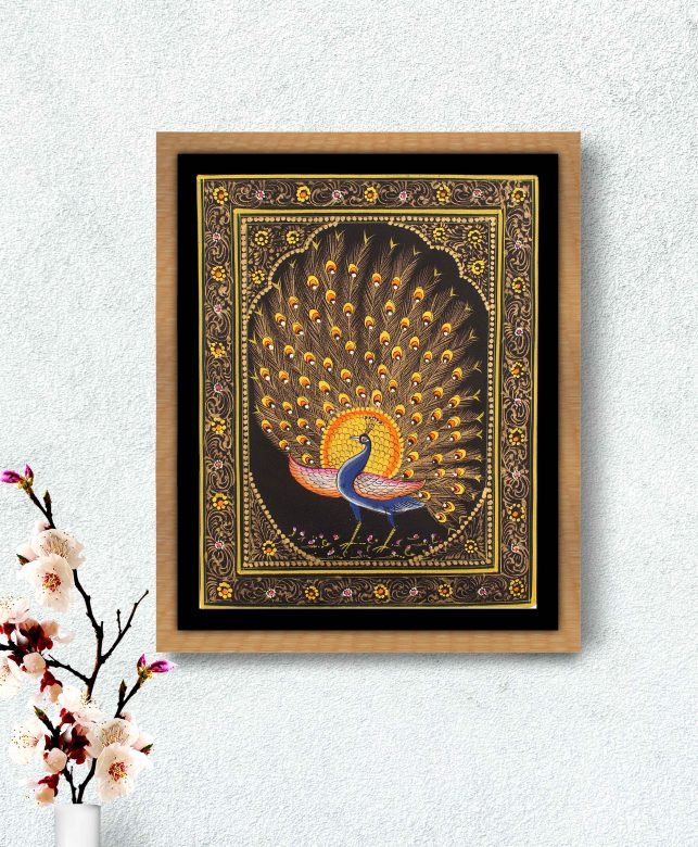 Black Golden Peacock Silk Painting