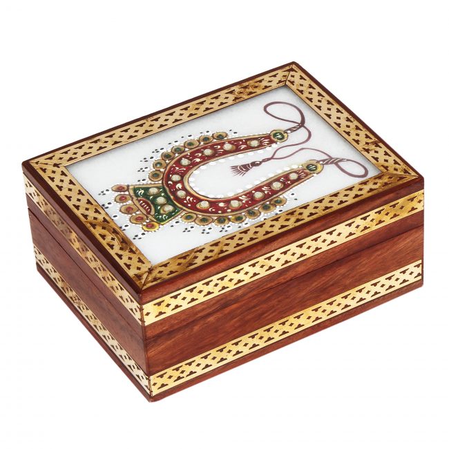 Handmade Kundan Meena Jewellery Box With Marble Tile 11 cm